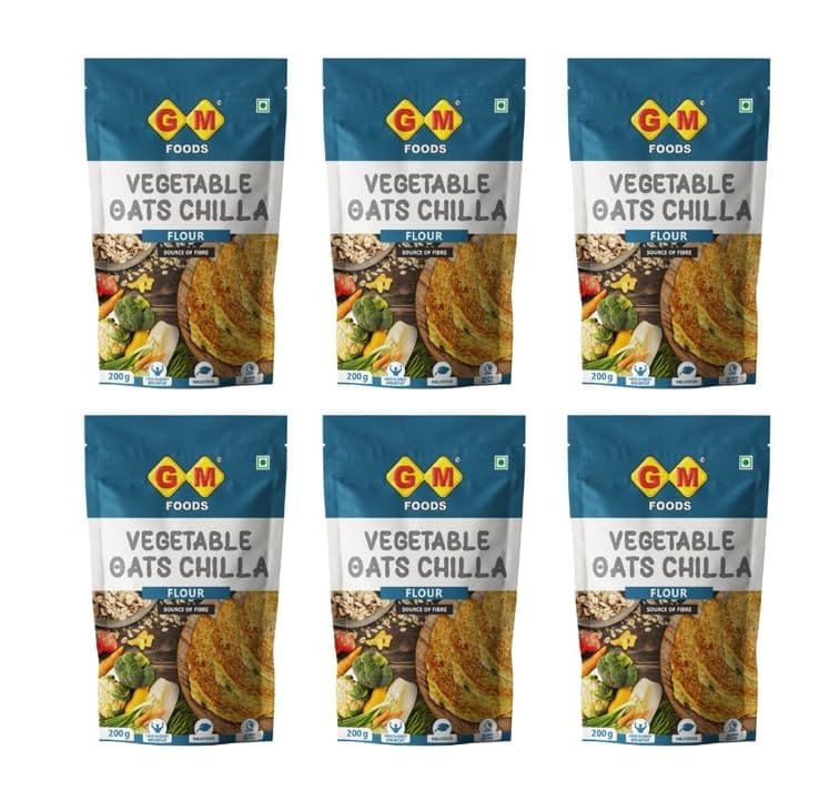 GM Foods Vegetable Oats Chilla Flour 200g (Pack of 6) | Nutritious & High Protein Instant Breakfast | Multigrain Cheela Powder | Ready in 3 Easy Steps | Fibre Rich Meal for Kids & Adults