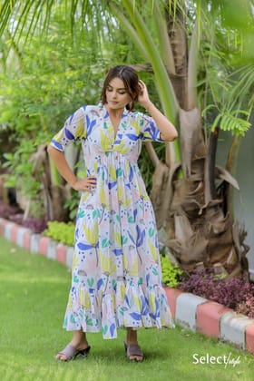 Printed Georgette White Maxi Dress-S