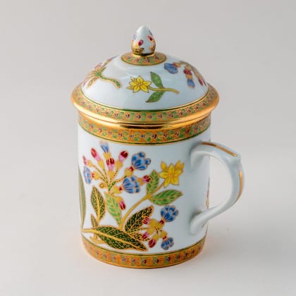 Eyaas Benjarong Ceramic Mug Set with Lid and Saucer  Floral Design