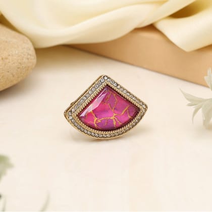 Traditional Rani Color Kundan Ring For Women-Ring_Size_Adjustable | Diameter Length: 3.00 CM x Width: 3.50 CM / Rani / Alloy With Good Quality Mehndi Gold Plated