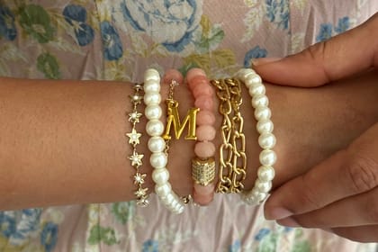 Frosty Pink Stones & Pearl Wrap Bracelet with Initial-Without Initial