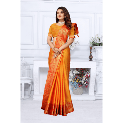 TheHangr Orange With Red Border Silk And Cotton Jacquard Saree With Silk And Cotton Blouse Piece