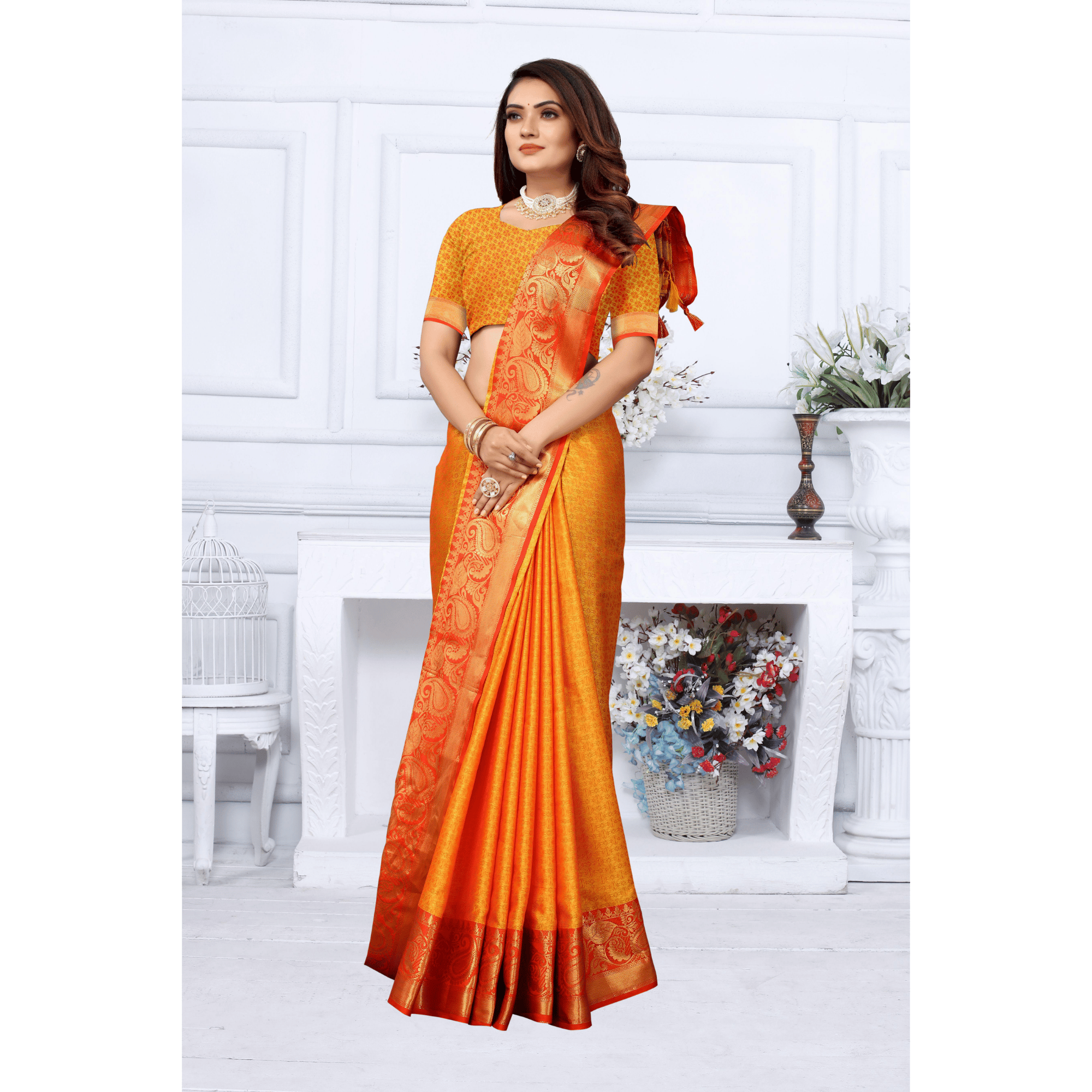 TheHangr Orange With Red Border Silk And Cotton Jacquard Saree With Silk And Cotton Blouse Piece