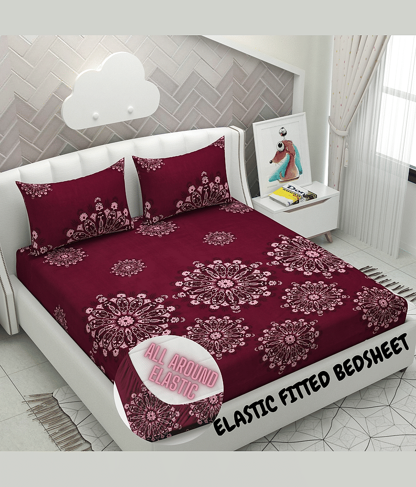 YKNIP Cotton Floral Fitted 1 Bedsheet with 2 Pillow Covers ( King Size ) - Maroon