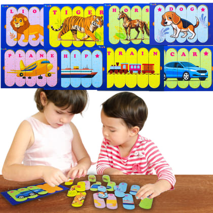 TOYJOS Wooden Animal and Transport Stick Puzzle with Frame | Preschool Montessori Educational Memory Learning 8 in 1 Jigsaw Board Games | Birthday and Return Gifts for Boys, Girls (2-7 Years Kids)