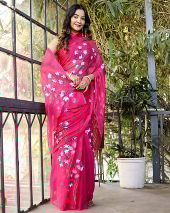Rani Pink Georgette Saree with Hand-Painted Blue & White Bell Flowers – Attached Blouse – 5.5 Meters-Regular