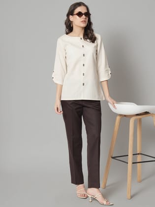 Cotton Loops and Button Detailed Regular FIt Top- Beige-XS