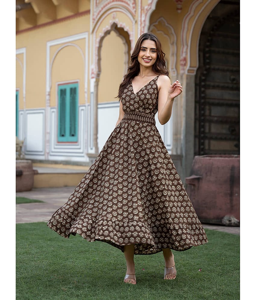 Divena Women Cotton Printed Fit & Flare Dress ( Brown )