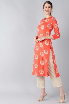 Women Coral Orange & Beige Screen Printed Straight Kurta VCK1641