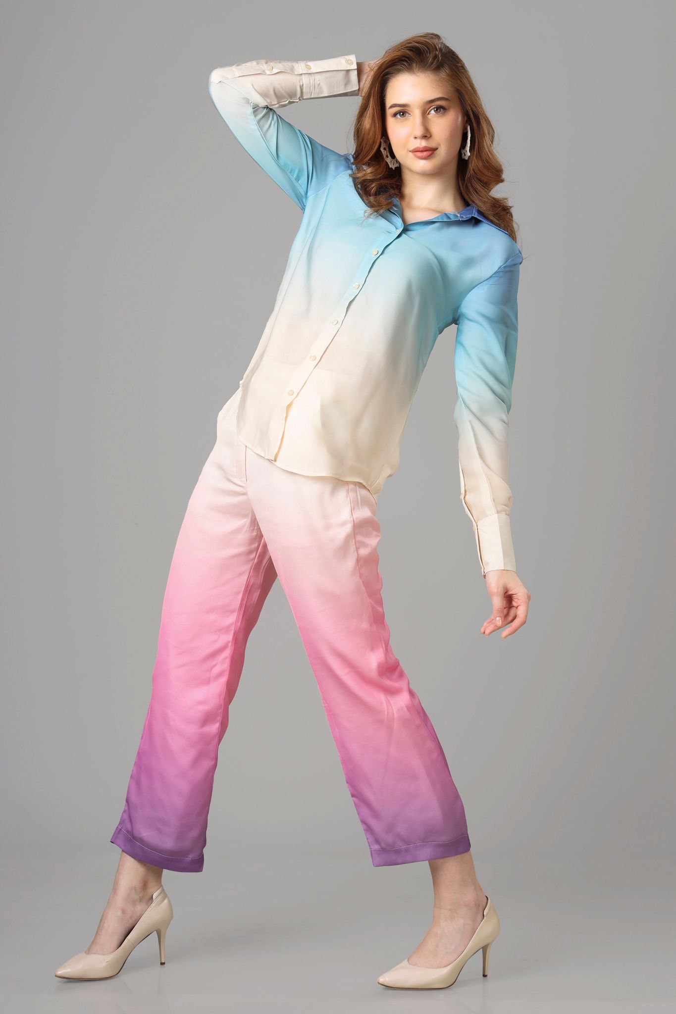 Designer Ombre  Co-Ord Set For Women-XXS / Arctic Blue / SH0045-DPLZ00226-2.6-NIL-NIL-NIL-NIL-THW02-FS003-NIL-BT002-12-NIL-NIL||BT0042-DPLZ00226-BOTTOM-2.5-PLCR005-2.5-NIL-NIL-THW02-FS002-ZPL01-B