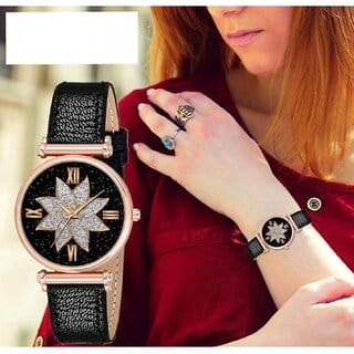 Bolun Black Star Dial Rose Rl Cash Leather Black Belt Analog Women and Girls WatchCvvm456