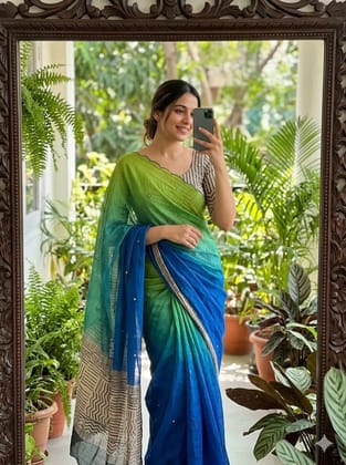 Launching new Soft Linen cotton Digital printed saree with aari work  & foil mirror work with aariwork cut work border
