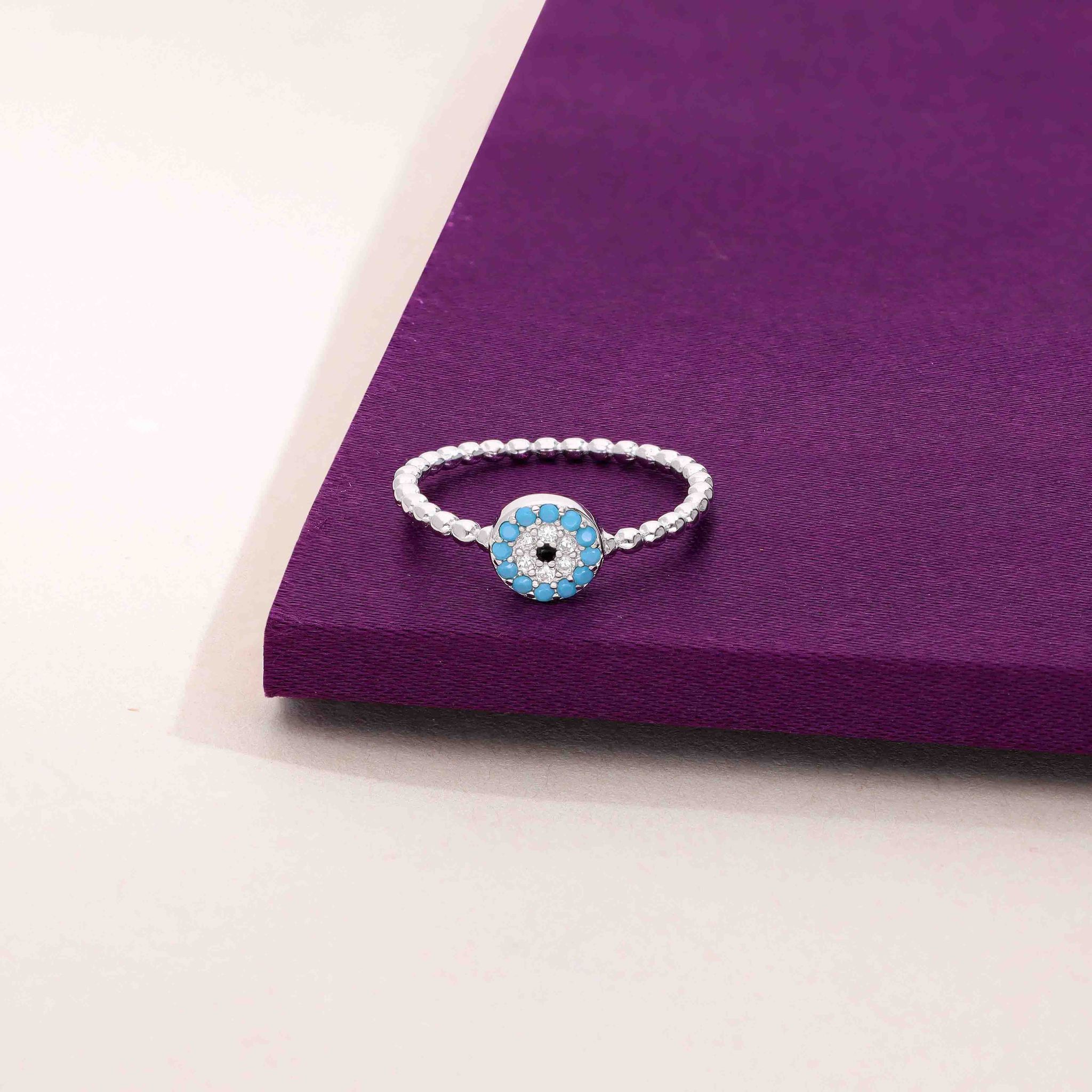 Simply Circular Evil Eye Diamond Studded Silver Ring-White Stone / Silver / US 6 (16.5 mm Diameter)