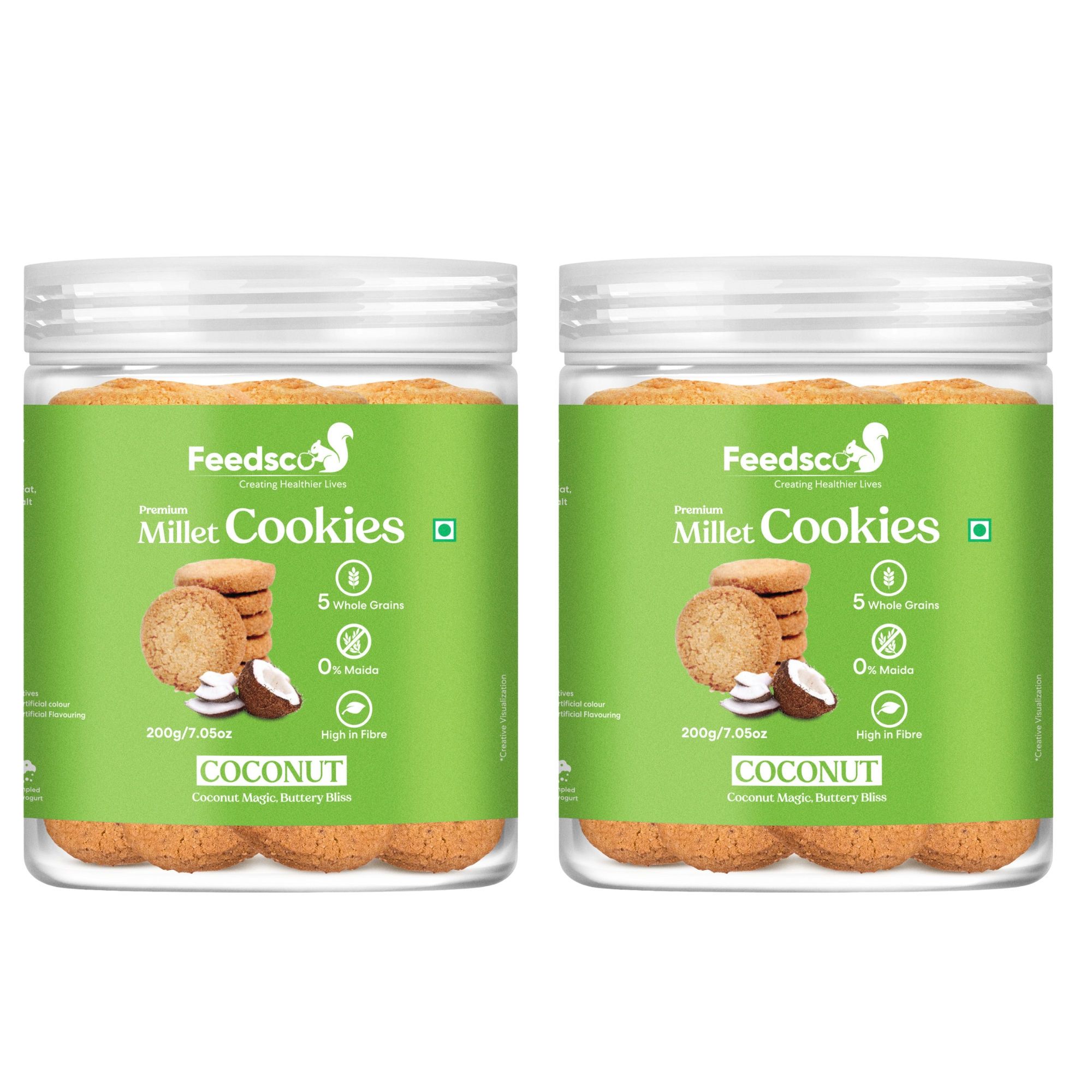 Feedsco Millet Coconut Cookies (200g x 2 Packs) - Multigrain, Premium Handmade Healthy Snack Biscuits | No Preservatives | Ideal Kids Snack, Tiffin Box Treat