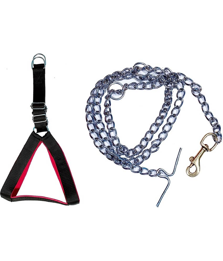 Tame Love Combo Chain and Adjustable Dog Chest Belt Harness for Adult breeds (Red color - 1.25 Inch)