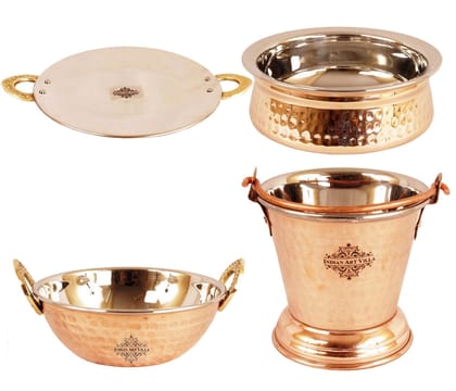 IndianArtVilla Handcrafted Pure Steel Copper Handi|Kadhai|Bucket &Tawa Serving Set