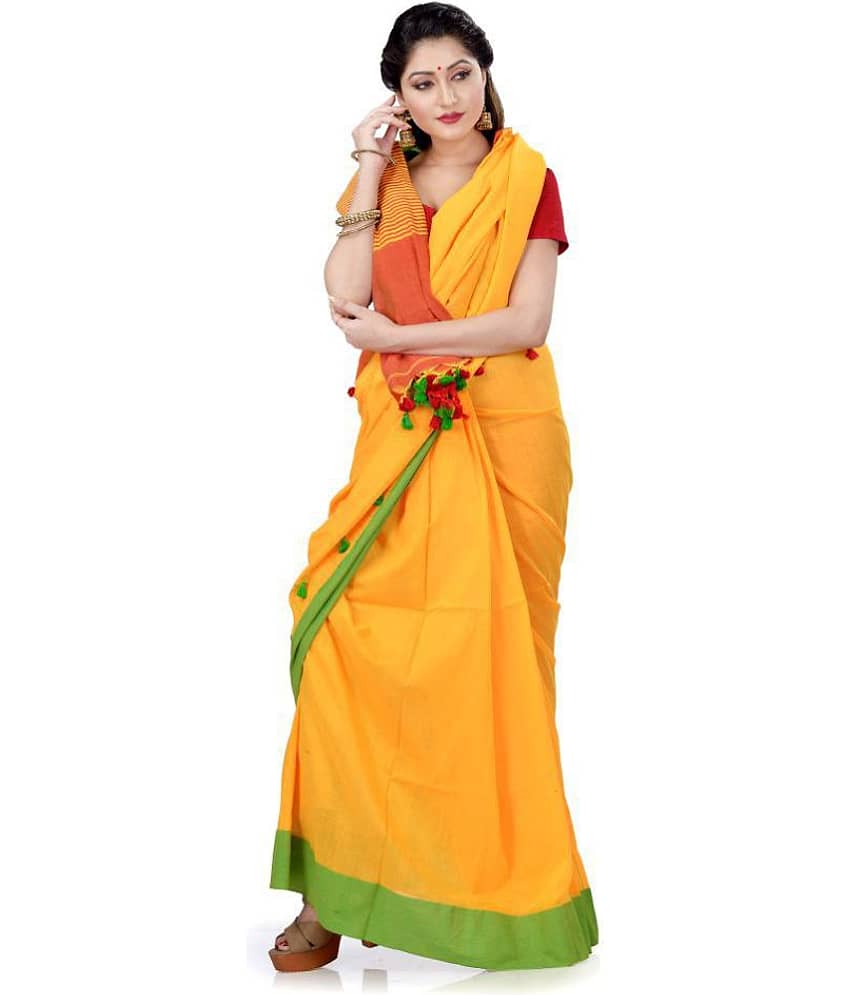 Desh Bidesh Cotton Self Design Saree With Unstitched Blouse Piece ( Yellow )