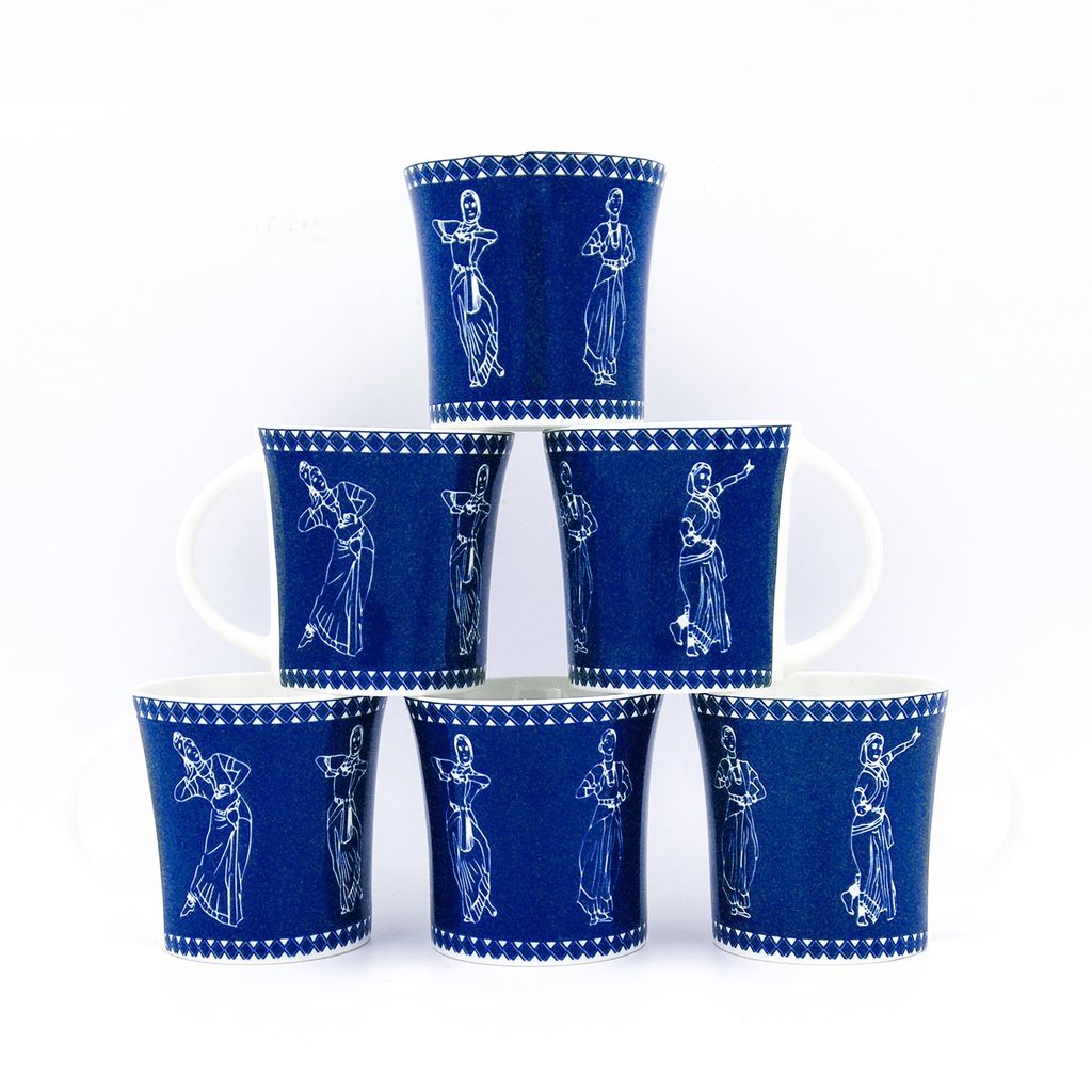 Femora Classical Dancers Pattern Tea Cups, Ceramic Tea Cups, Coffee Mugs (160 ml) - 6 Pcs Set (Blue)