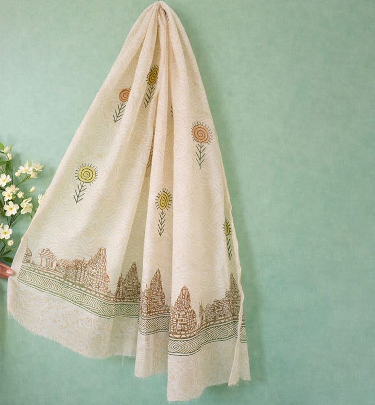 Block Printed Chanderi Stole – Heritage Temple Motif