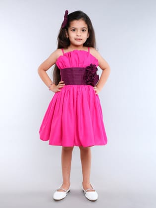 Colorblock Cotton Ruffled Silhouette Dress With Matching Clip -Pink-1-2Y / Pink