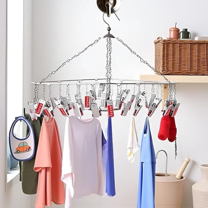 HAZEL Stainless Steel Cloth Hanger with 25 Clips , 360 Degree Baby Cloth Drying Hanger , Multi Clip Clothes Hanger
