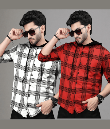 LAMATE Cotton Blend Regular Fit Checks Full Sleeves Men's Hooded T-Shirt - Dark Green ( Pack of 2 )