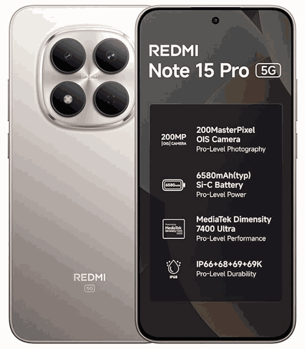 REDMI Note 15 Pro 5G (Silver Ash, 8GB+256GB) | 200MasterPixel OIS Camera | Dimensity 7400-Ultra | 17.3cm CrystalRes AMOLED Screen | IP66/68/69/69K | Mega 6580mAh Si/C Battery | 45W Fast Charging