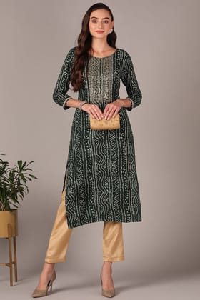 Plus Size Green Viscose Rayon Bandhani Embroidered Straight Kurta VCK9621