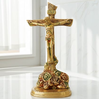 Brass Showpiece Jesus & Cross God Idol Statue - Antique Finish Spiritual Showpiece For Worship, Height : 8 Inch (BSMAS971 B)