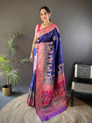 Royal Blue Soft Silk Meenakari Picock Zari Weaving Work Paithani Saree