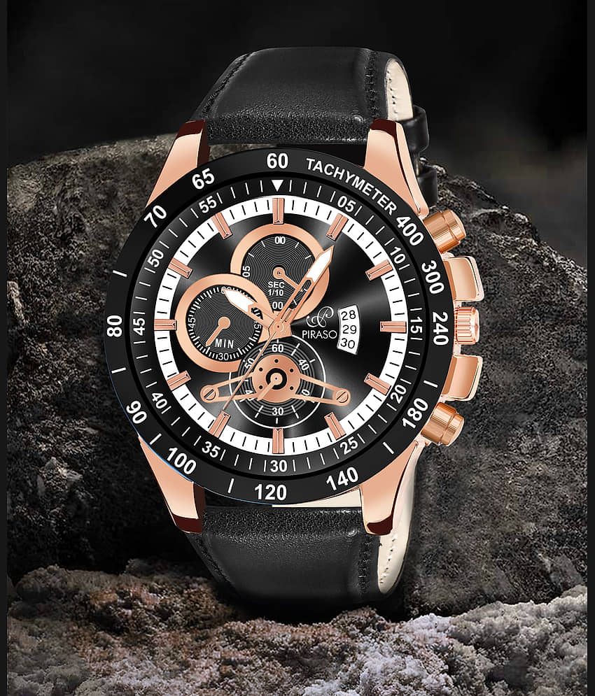 PIRASO Black Leather Analog Men's Watch