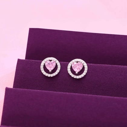 Encircled Heart Casual Silver Studs Earrings-Pink Stone / Silver