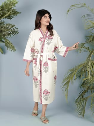 Luxury Waffle Cotton Bathrobe – Unisex | Handblock Printed | Free Size