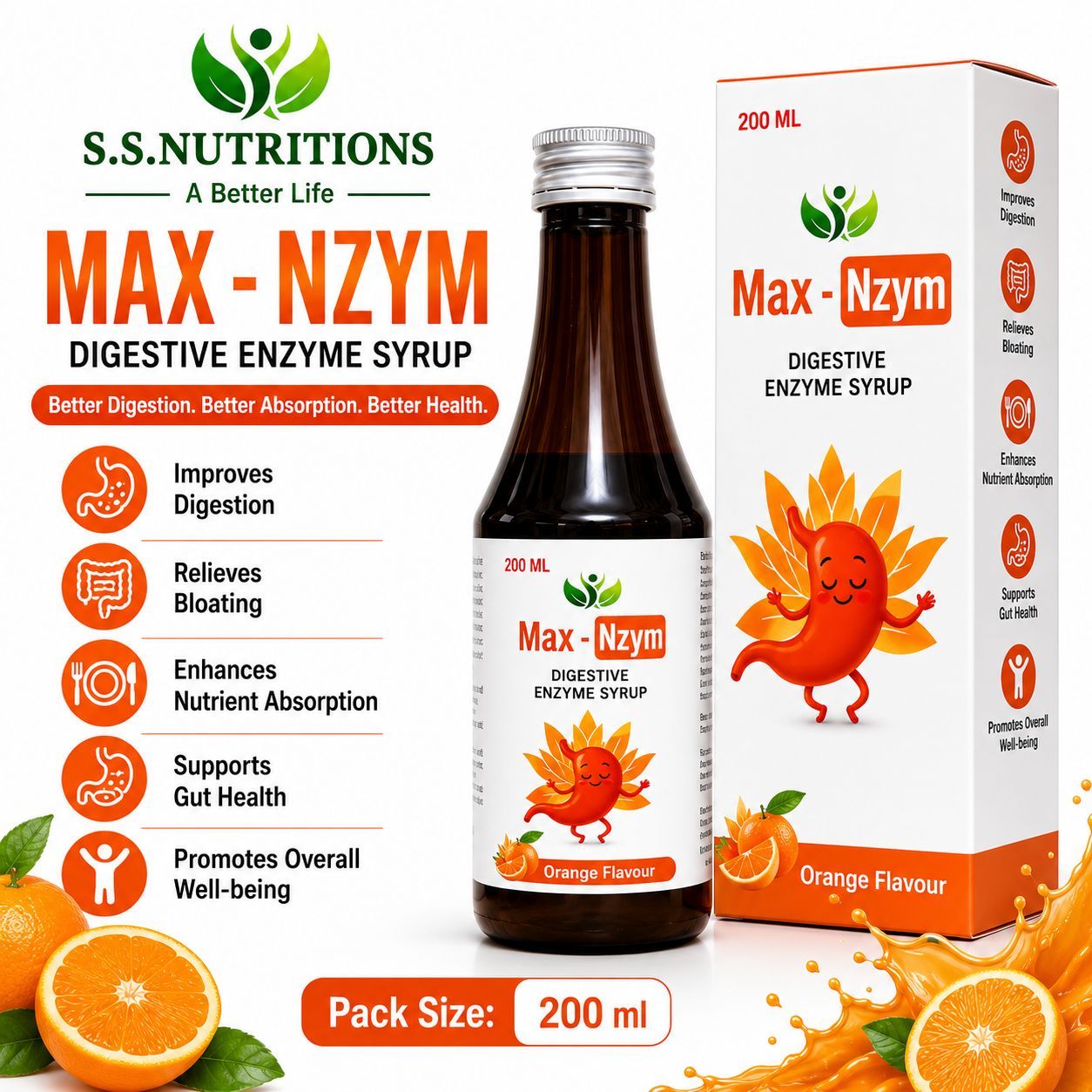 Max - Nzym Digestive Syrup  Orange Flavour Bottle - 200ml 