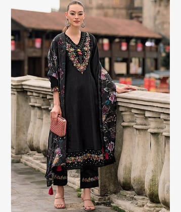 kedar fab Women Cotton Blend Embroidered A-line Kurti With Pants ( Black )