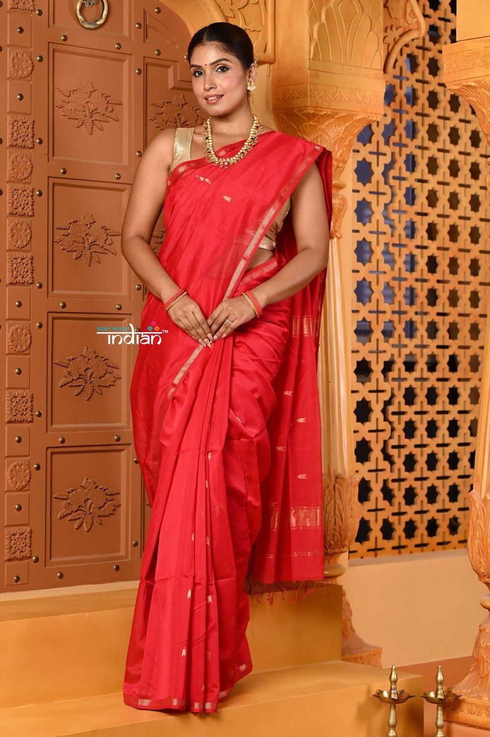 Shubh ~ Handloom Cotton Silk Saree with Sleek Golden Border in Exclusive Royal Red