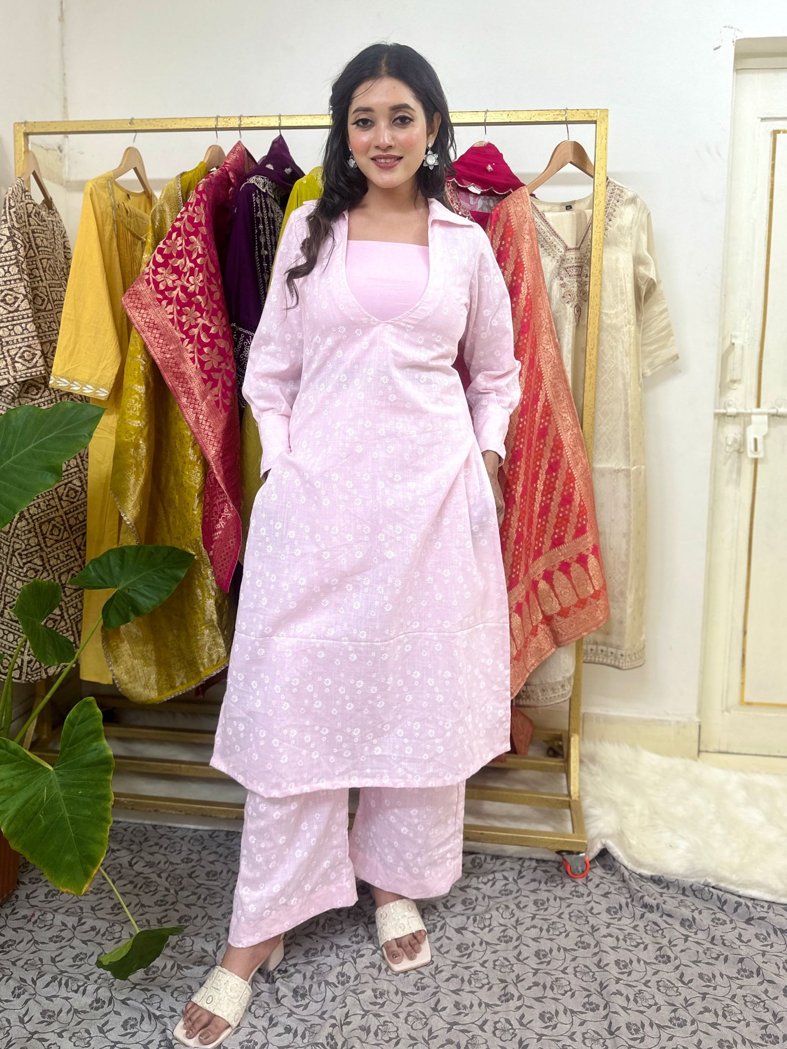 Pink Embroidered Cotton Printed 3 Piece Set-S