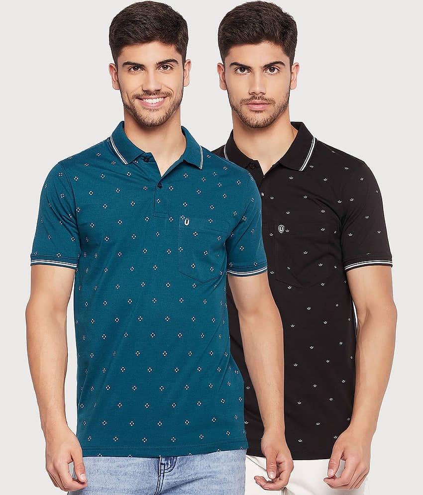 UNIBERRY Pack of 2 Cotton Blend Regular Fit Printed Half Sleeves Men's Polo T Shirt ( Teal Blue )