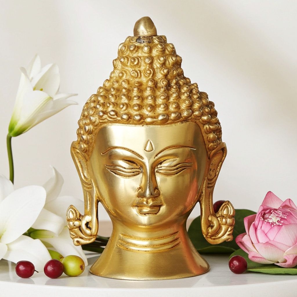 Brass Buddha Head Statue - Artistic Home Decor Showpiece, Height : 5.8 Inch (BSMAS1029 B)