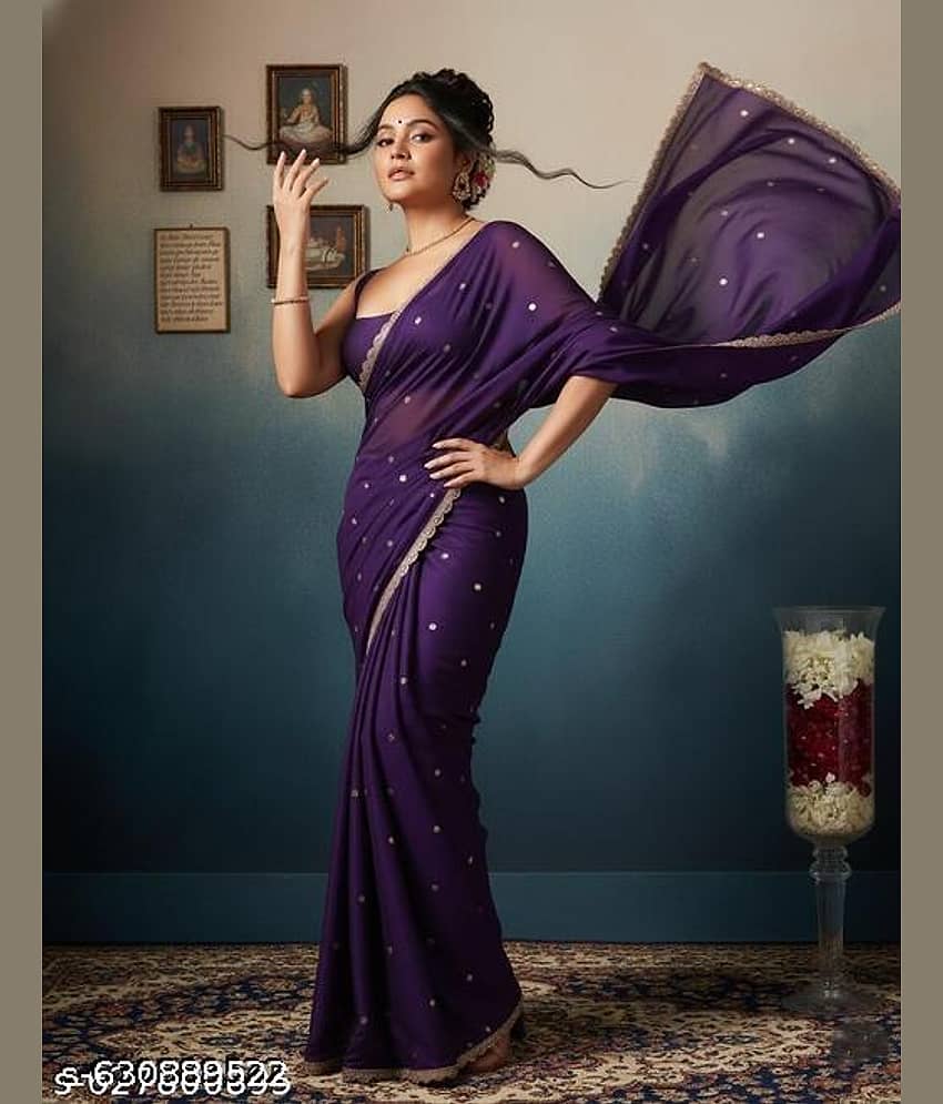 Shivadit ethnic Georgette Embellished Regular Saree With Unstitched Blouse Piece ( Purple )