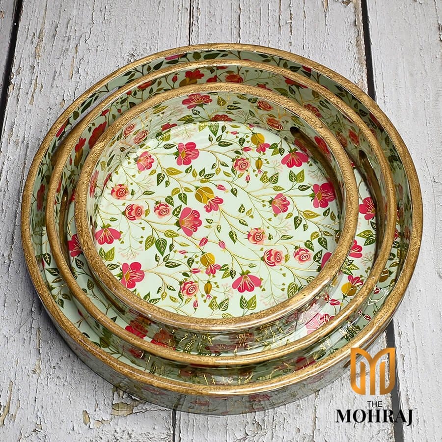 The Mohraj Blossom Round MDF Trays with Gold Foil Detailing Set of 3  