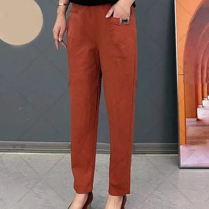 Women's Elastic Waist Cotton Trousers-XS / Beige