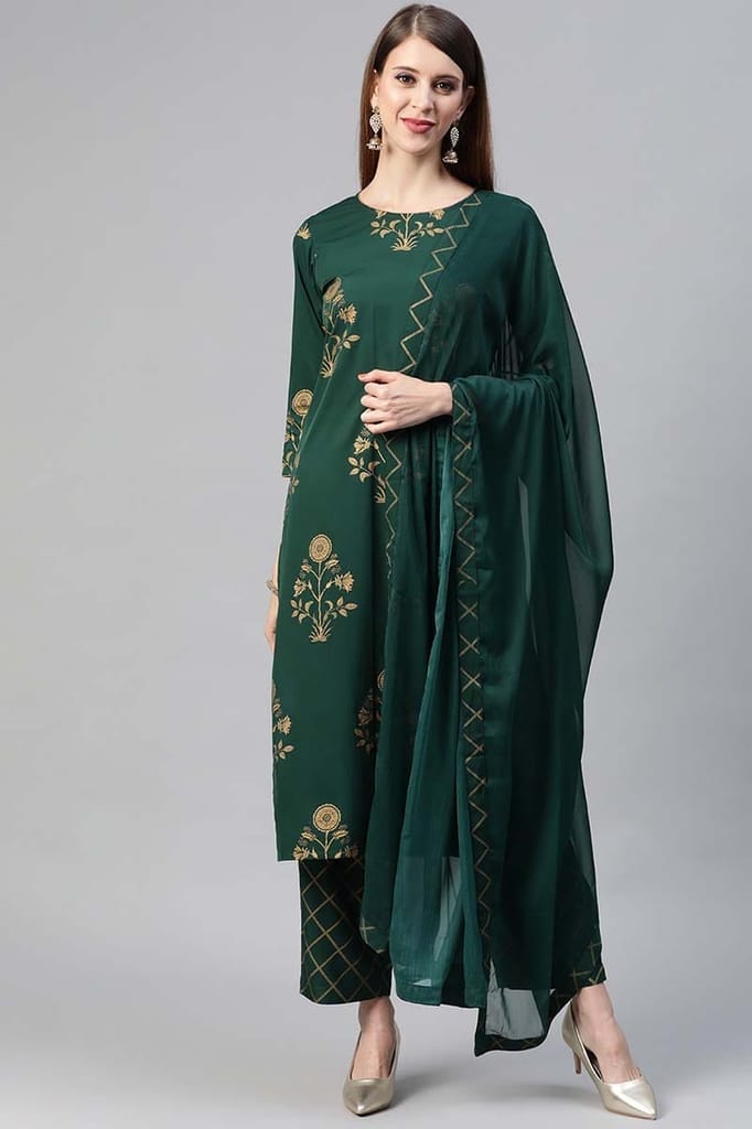 Green Polyester Ethnic Motifs Straight Suit Set PKSKD1040 - Kurtas & Kurta Sets | Buy online on ZillyBuy