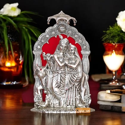 Dreamkraft Metal Radha Krishna Idol with Cow Decorative Showpiece Statue (Sliver, 21 X 12 X 33 CM)