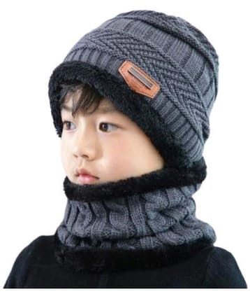 Woolen Cap & Neck Warmer  for Winters with Fur Inner Side Warm Scarf Set Winter woolen Cap For kids. - None