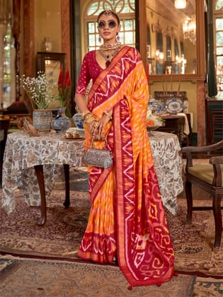 Orange Polyester Viscose silk Patola Printed Saree