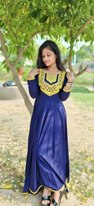 Royal Blue & Mustard Print Cold-Shoulder Anarkali Kurti – Size S
