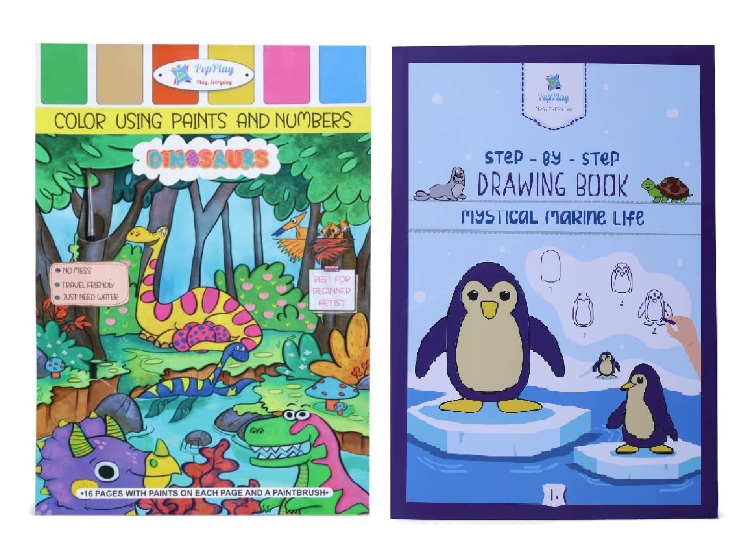  PepPlay Colouring Book for Kids Color Using Paints & Numbers- Dinosaurs + PepPlay Step by Step Drawing Book Mystical Marine Life (Combo) | Educational Sketch Books Gift for Kids (3 to 6+ Years) 