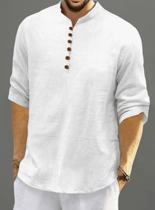Men's Cotton Blend Short Kurta with Solid Mandarin Collared Full Sleeve Curved Hem Length