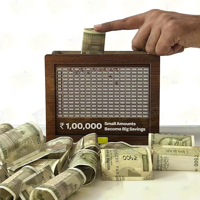Braintastic Wooden Money Saving Box/Gullak/Piggy Bank with 1 Lakh Rupees Numbers Diaplay & Carved Design for Adults, Kids